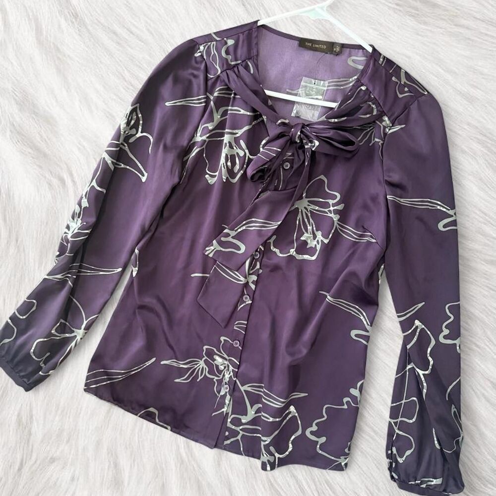 NWT the Limited Purple floral print blouse with tie neck and long sleeves Small